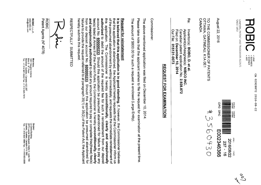 Document de brevet canadien 2928872. Requête d'examen 20160822. Image 1 de 2
