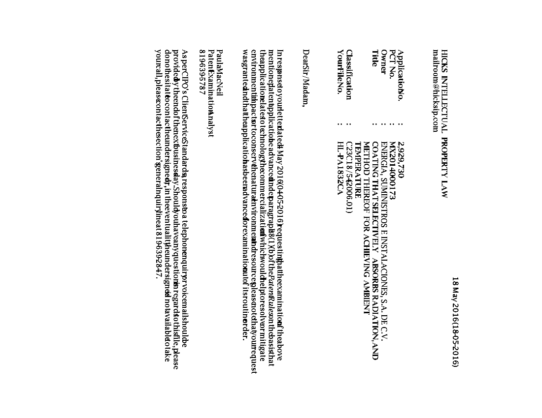 Document de brevet canadien 2929730. Poursuite-Amendment 20151218. Image 1 de 1