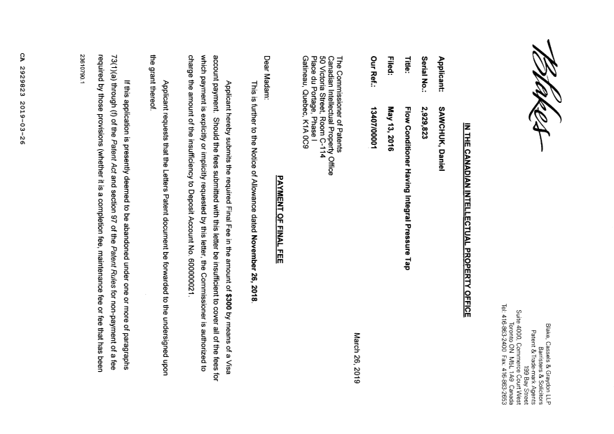 Canadian Patent Document 2929823. Final Fee 20190326. Image 2 of 3