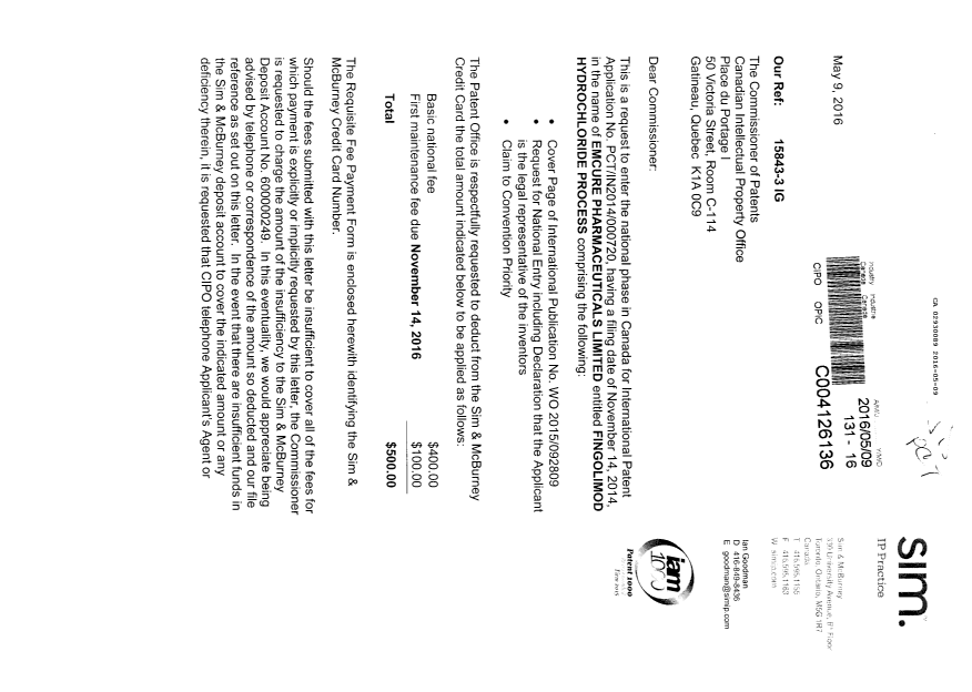 Document de brevet canadien 2930089. Demande d'entrée en phase nationale 20160509. Image 1 de 5