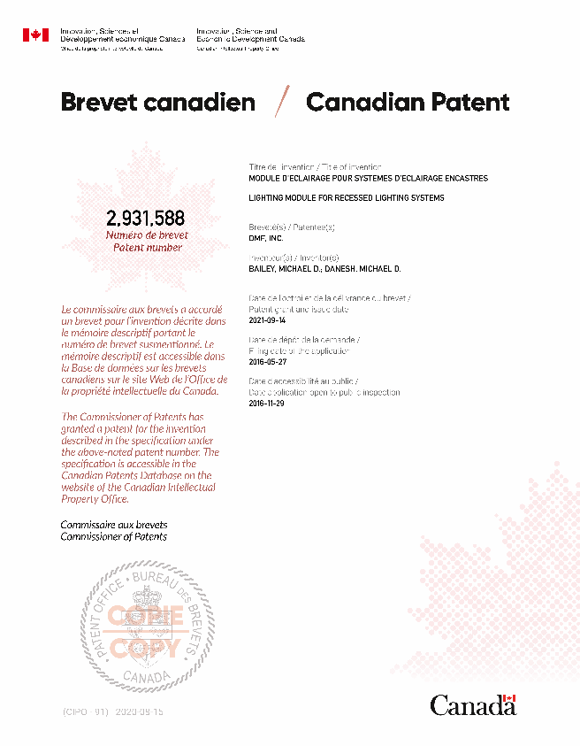 Canadian Patent Document 2931588. Electronic Grant Certificate 20210914. Image 1 of 1