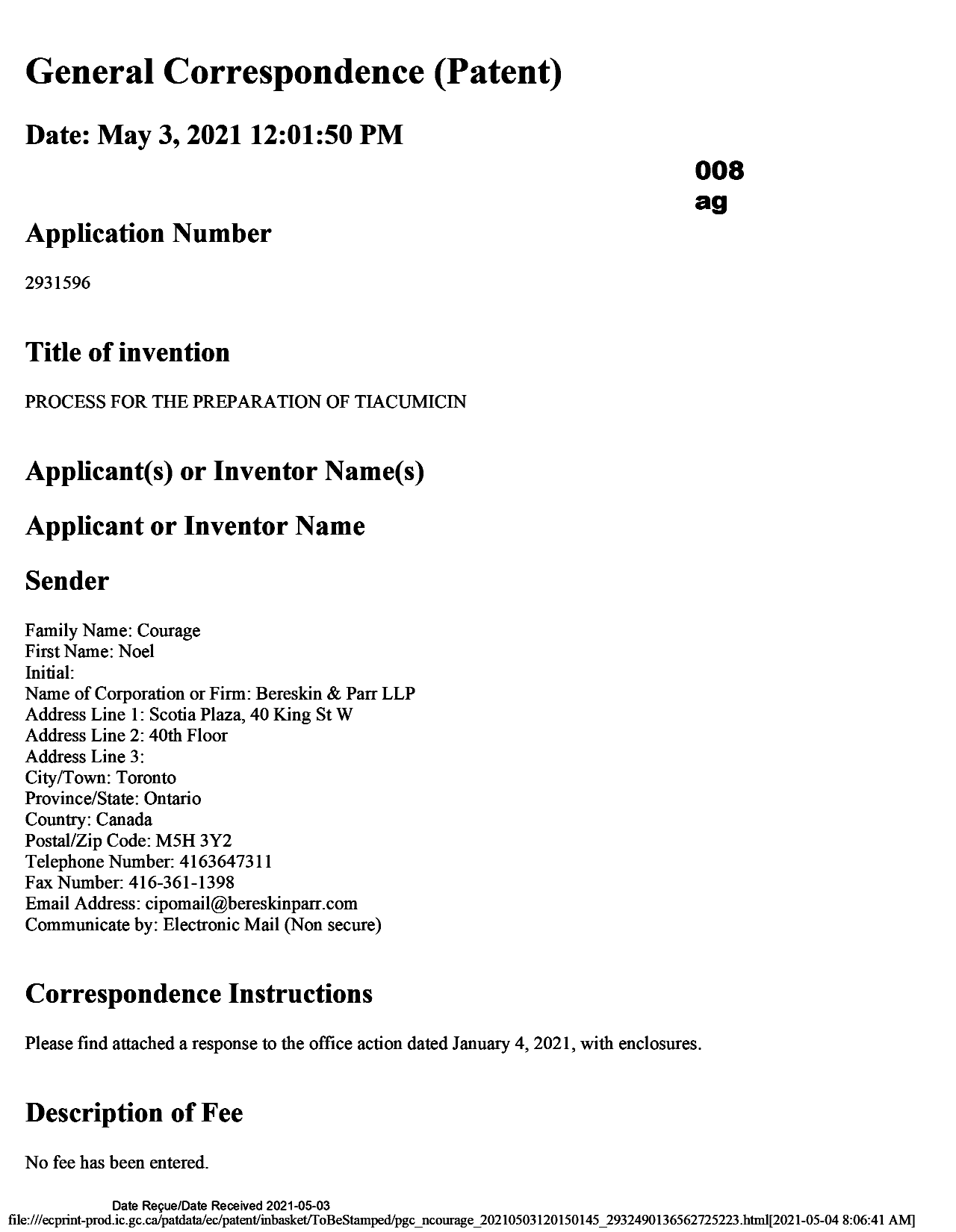 Document de brevet canadien 2931596. Modification 20210503. Image 1 de 11