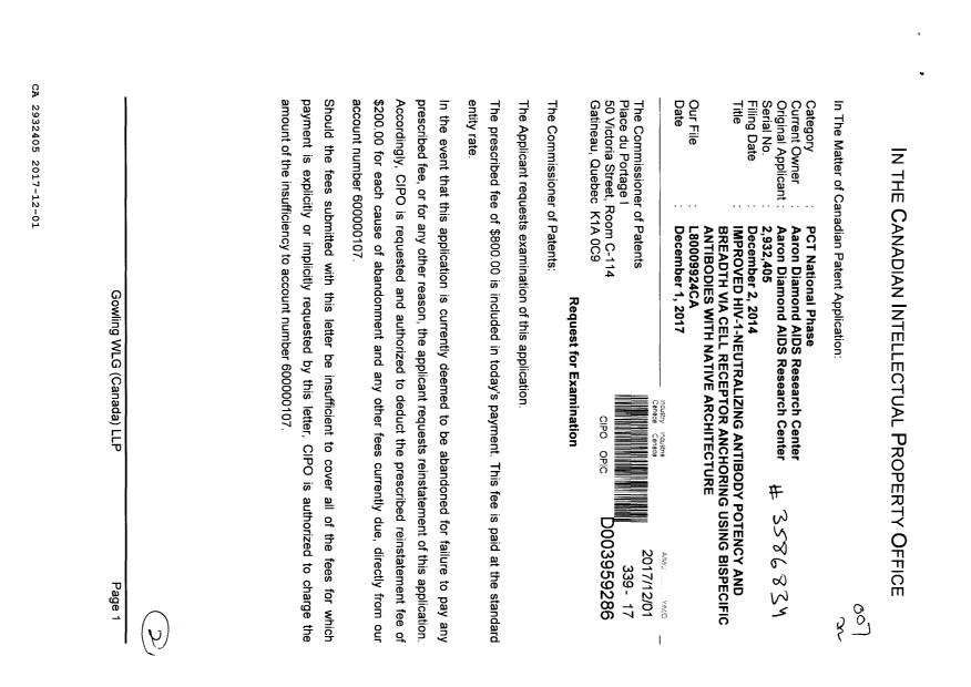 Document de brevet canadien 2932405. Requête d'examen 20171201. Image 1 de 2