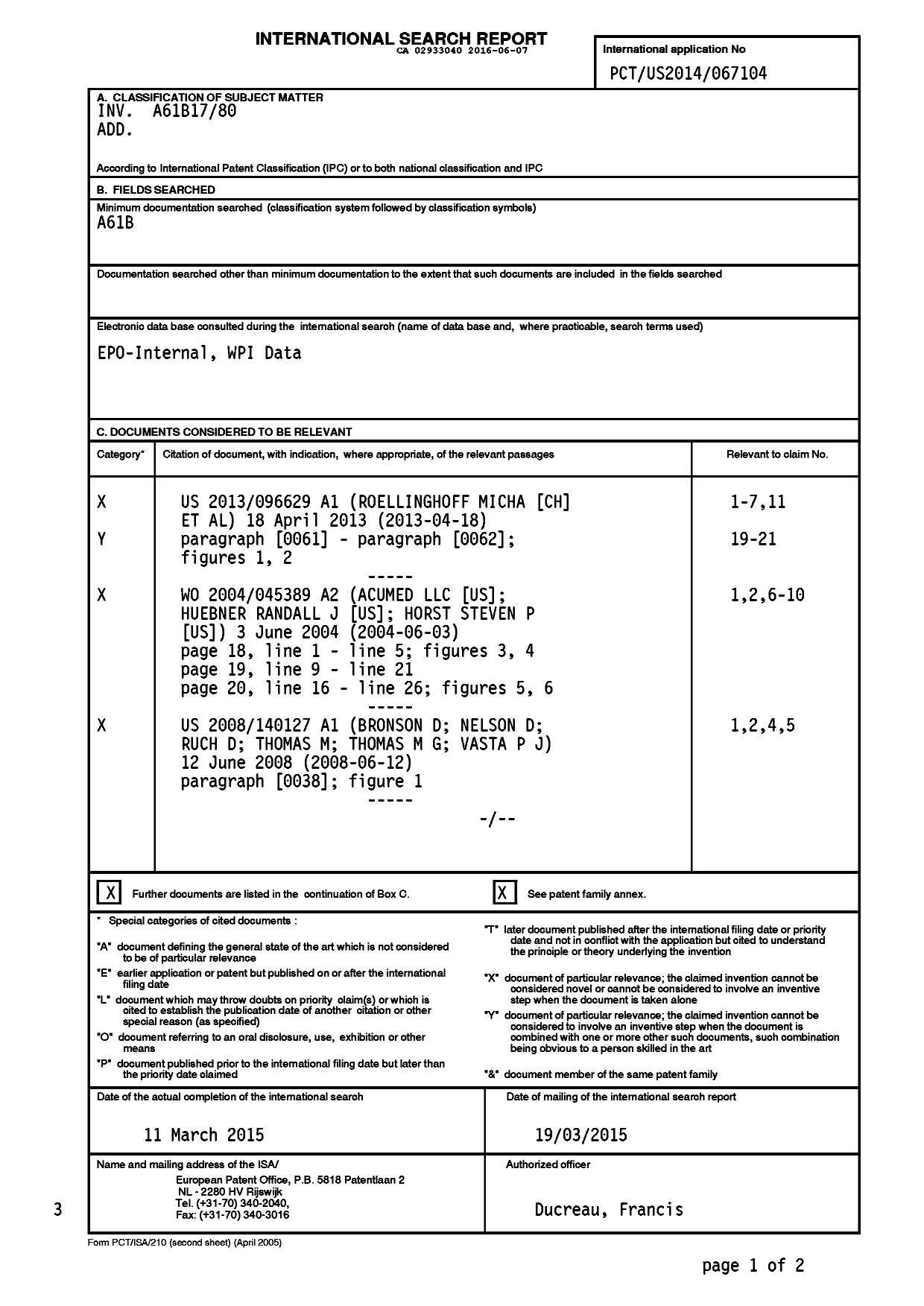 Document de brevet canadien 2933040. Rapport de recherche internationale 20151207. Image 1 de 6