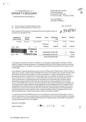 Document de brevet canadien 2933608. Paiement de taxe périodique 20180404. Image 1 de 1