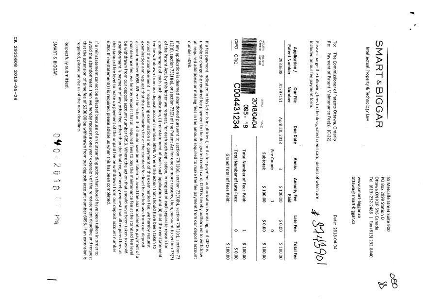 Document de brevet canadien 2933608. Paiement de taxe périodique 20180404. Image 1 de 1