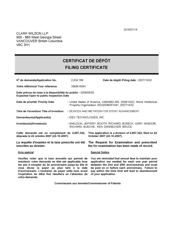 Canadian Patent Document 2934168. Divisional - Filing Certificate 20160714. Image 1 of 1