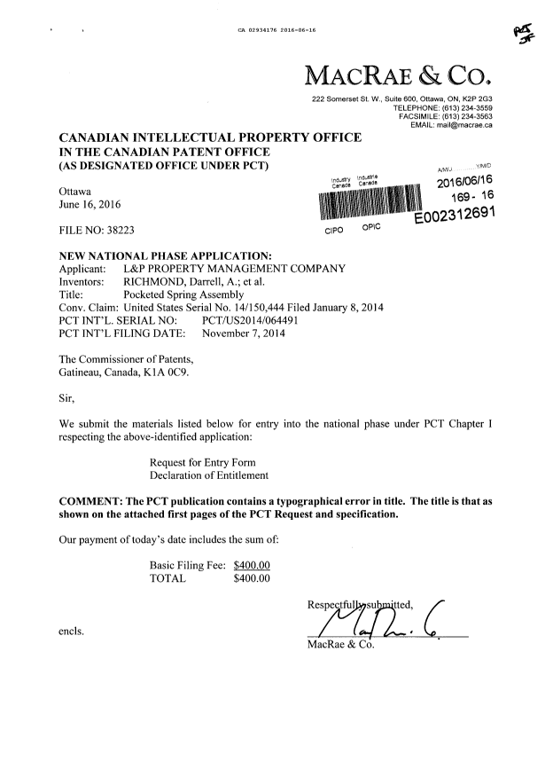 Canadian Patent Document 2934176. National Entry Request 20160616. Image 1 of 4