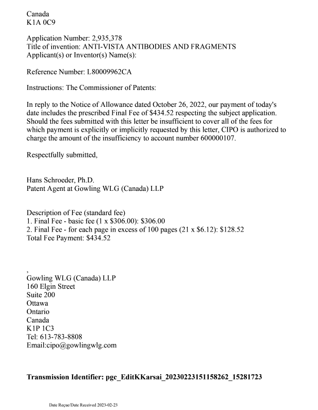 Document de brevet canadien 2935378. Taxe finale 20230223. Image 3 de 3