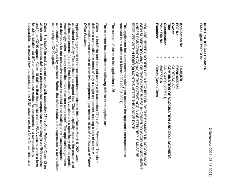 Document de brevet canadien 2935878. Demande d'examen 20211103. Image 1 de 3