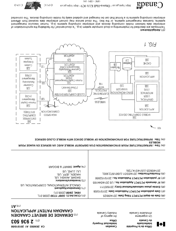 Document de brevet canadien 2936503. Page couverture 20160803. Image 1 de 2