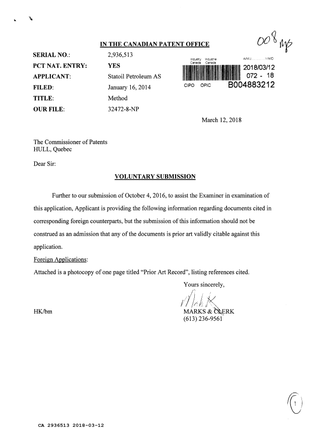 Canadian Patent Document 2936513. Amendment 20180312. Image 1 of 1