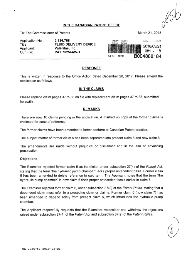 Document de brevet canadien 2936768. Modification 20180321. Image 1 de 6