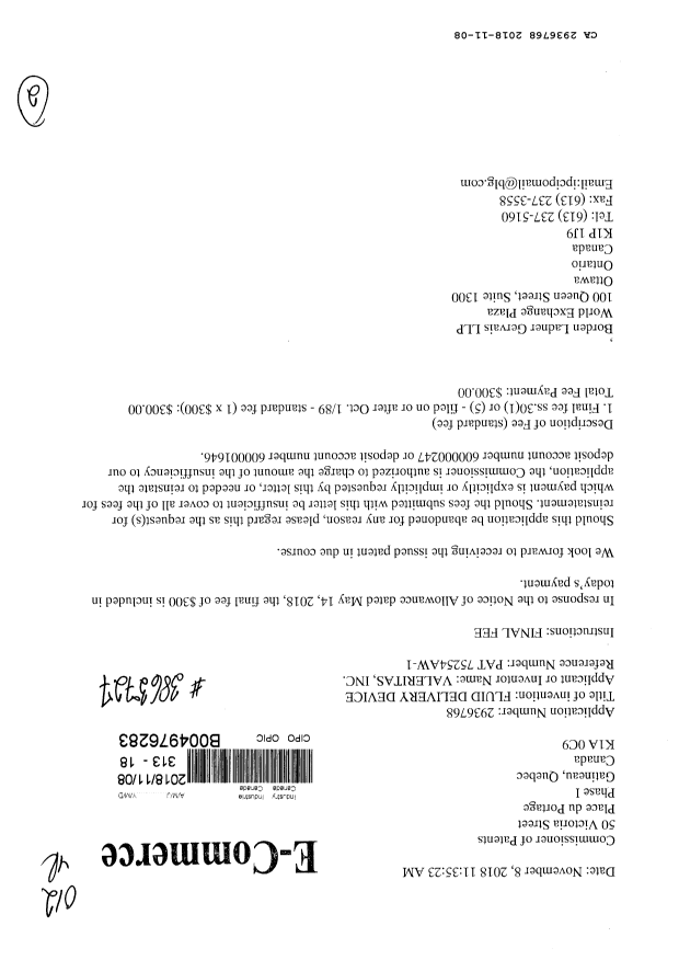Document de brevet canadien 2936768. Taxe finale 20181108. Image 1 de 2