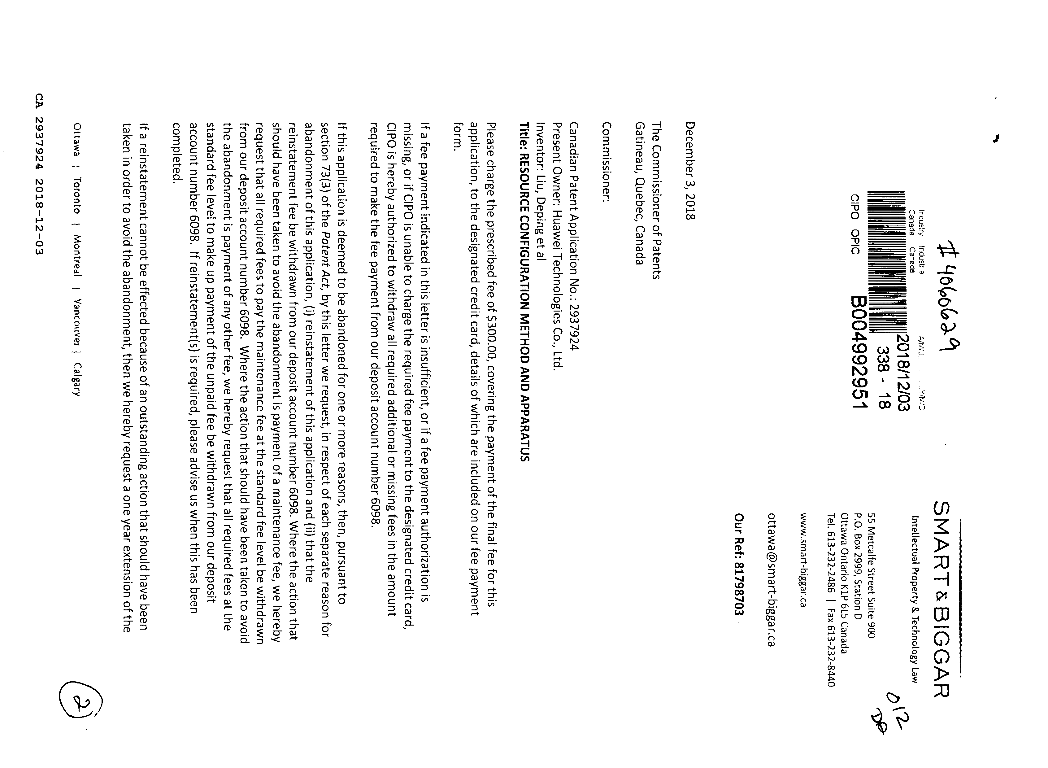 Canadian Patent Document 2937924. Final Fee 20171203. Image 1 of 2