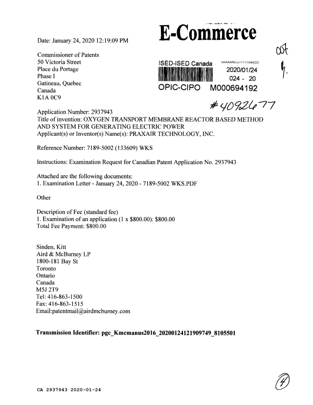 Document de brevet canadien 2937943. Requête d'examen 20200124. Image 1 de 4