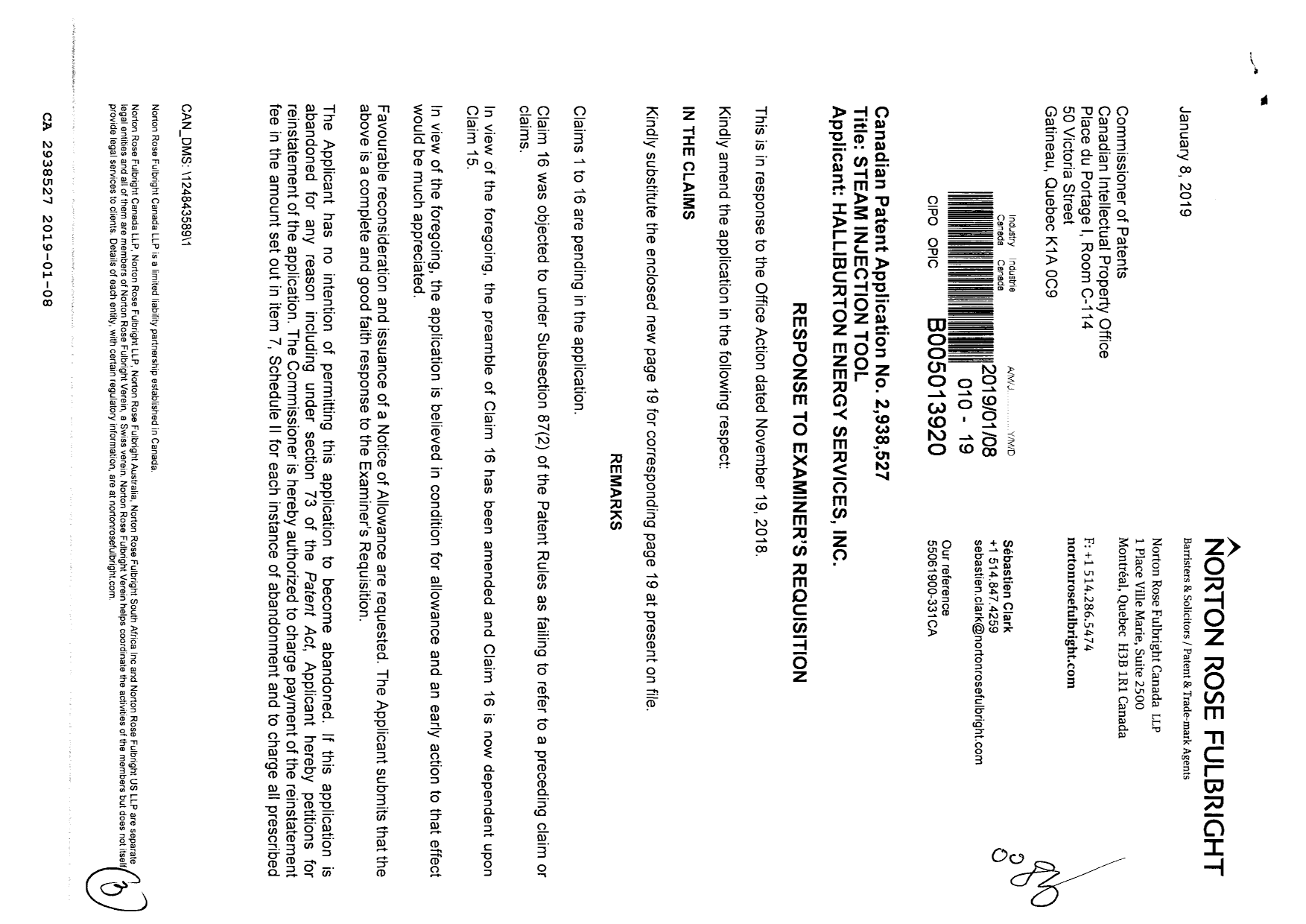 Canadian Patent Document 2938527. Amendment 20190108. Image 1 of 3