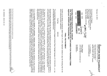 Canadian Patent Document 2939291. Final Fee 20190215. Image 1 of 2
