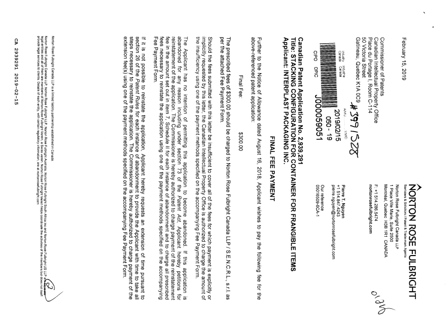 Canadian Patent Document 2939291. Final Fee 20190215. Image 1 of 2