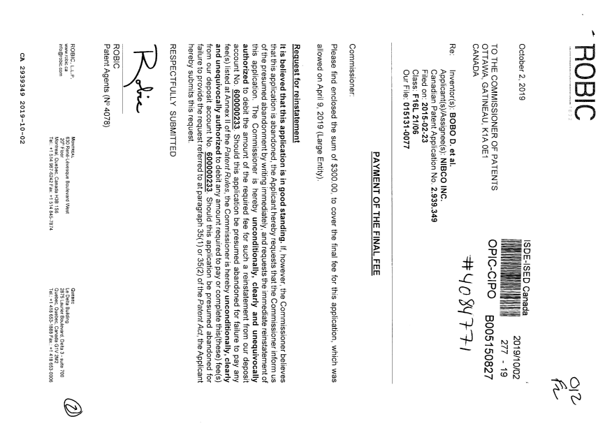 Document de brevet canadien 2939349. Taxe finale 20191002. Image 1 de 2