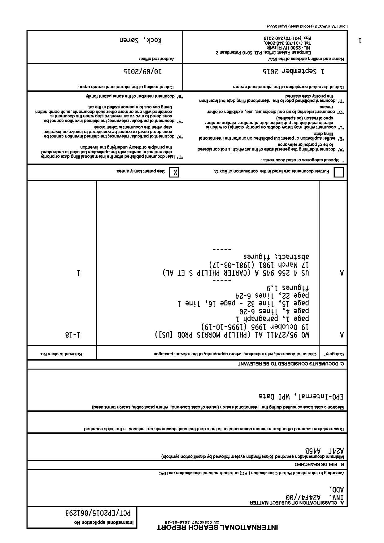 Document de brevet canadien 2940797. Rapport de recherche internationale 20151225. Image 1 de 2