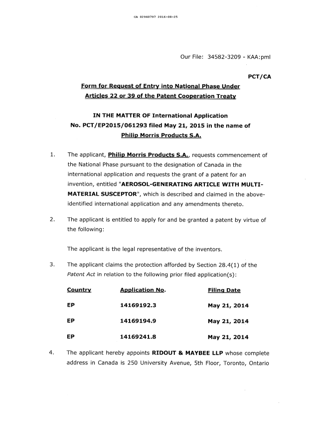Document de brevet canadien 2940797. Demande d'entrée en phase nationale 20151225. Image 3 de 4
