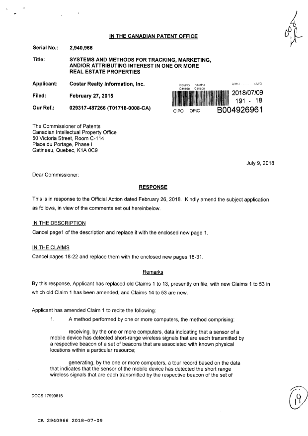 Document de brevet canadien 2940966. Modification 20180709. Image 1 de 19