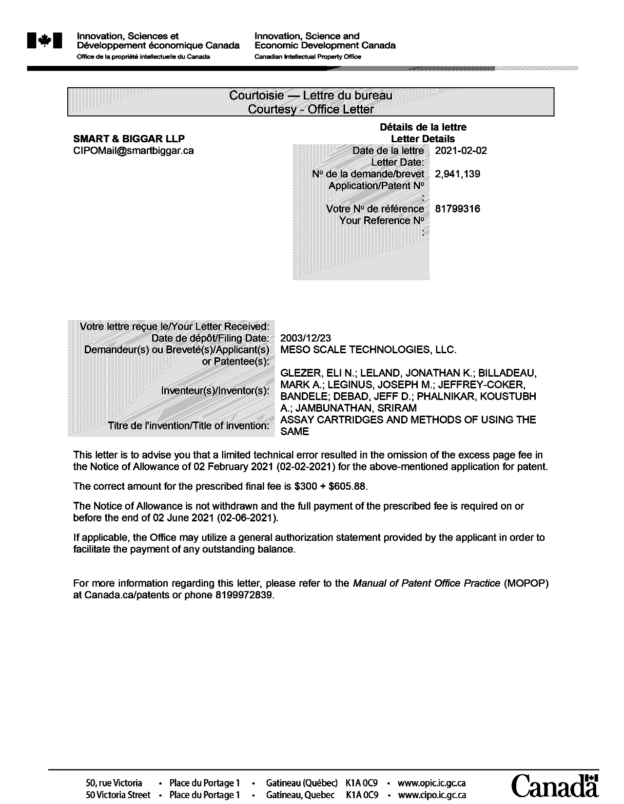 Document de brevet canadien 2941139. Lettre du bureau 20210202. Image 1 de 1