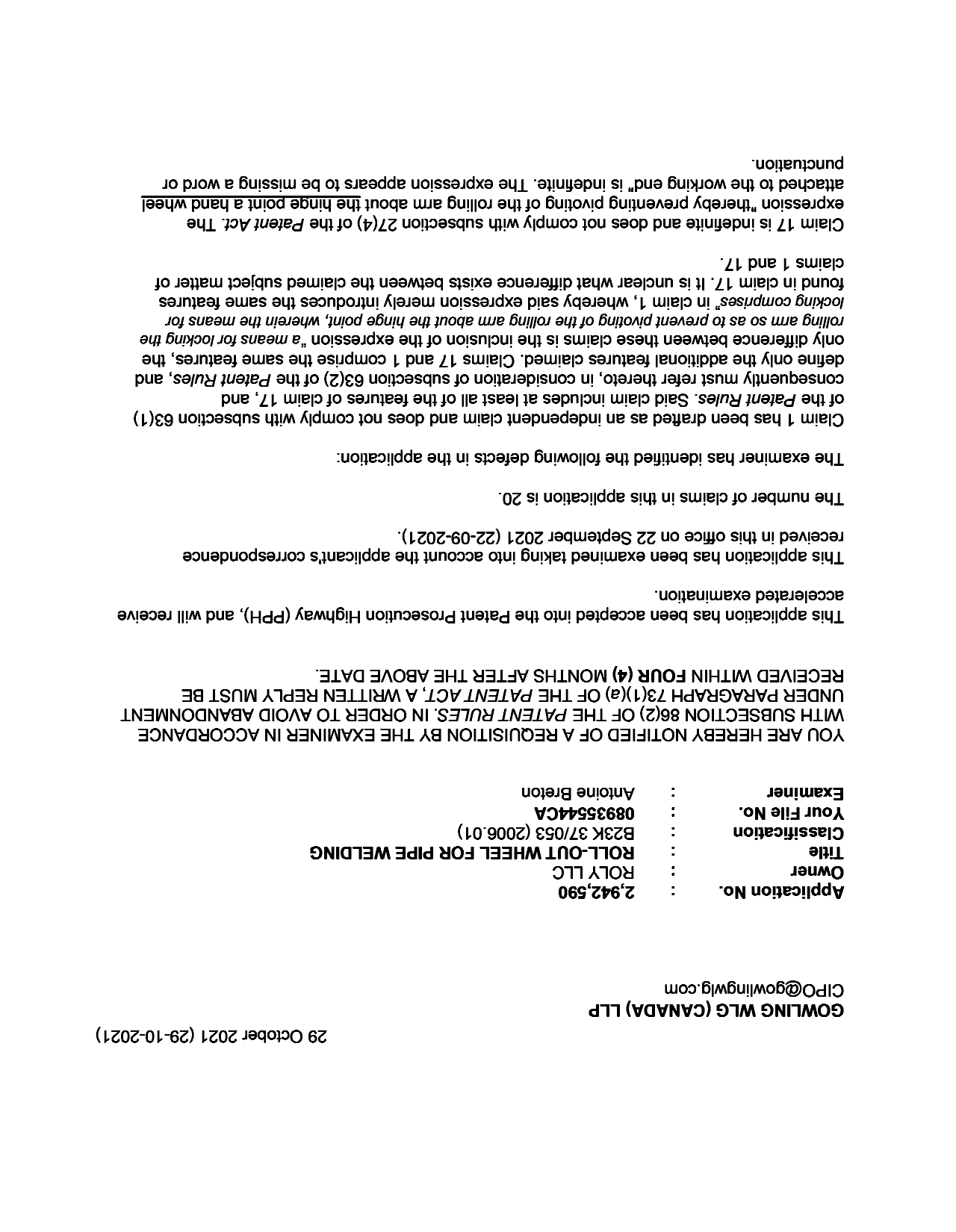 Canadian Patent Document 2942590. Examiner Requisition 20211029. Image 1 of 3