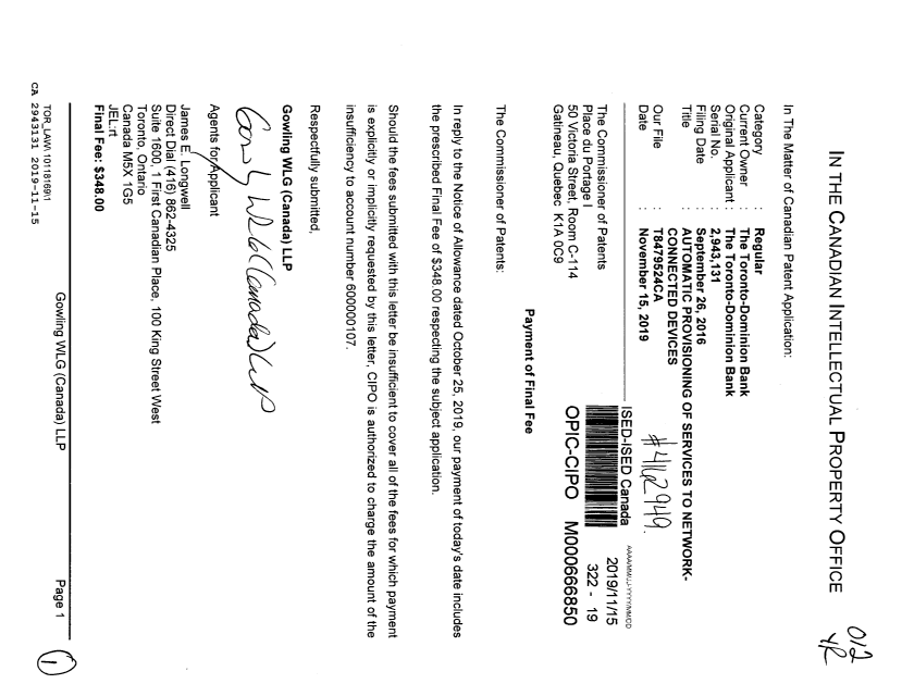 Canadian Patent Document 2943131. Final Fee 20191115. Image 1 of 1