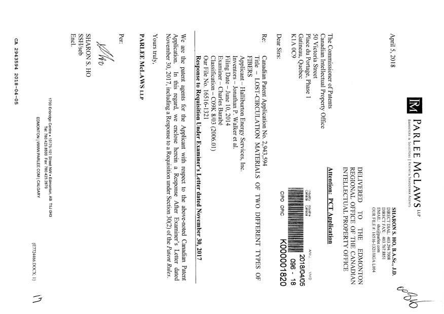 Document de brevet canadien 2943594. Modification 20180405. Image 1 de 17
