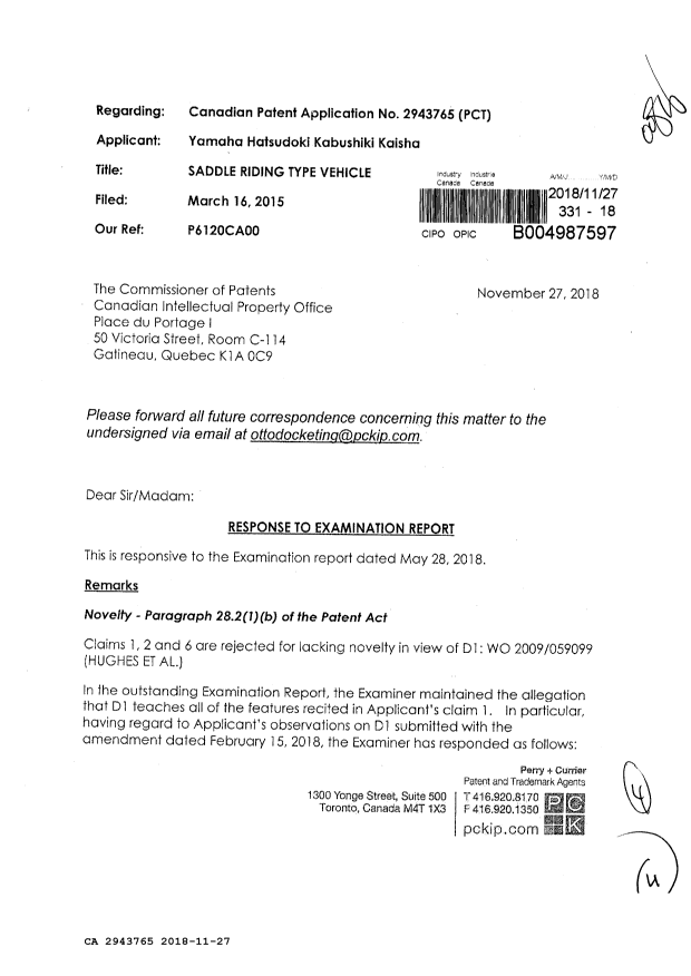 Document de brevet canadien 2943765. Modification 20181127. Image 1 de 4