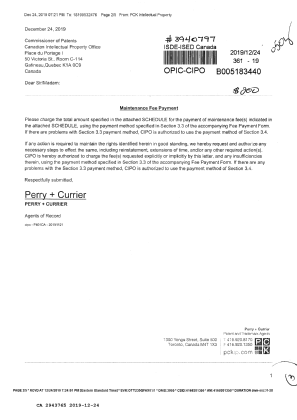 Document de brevet canadien 2943765. Paiement de taxe périodique 20191224. Image 1 de 3