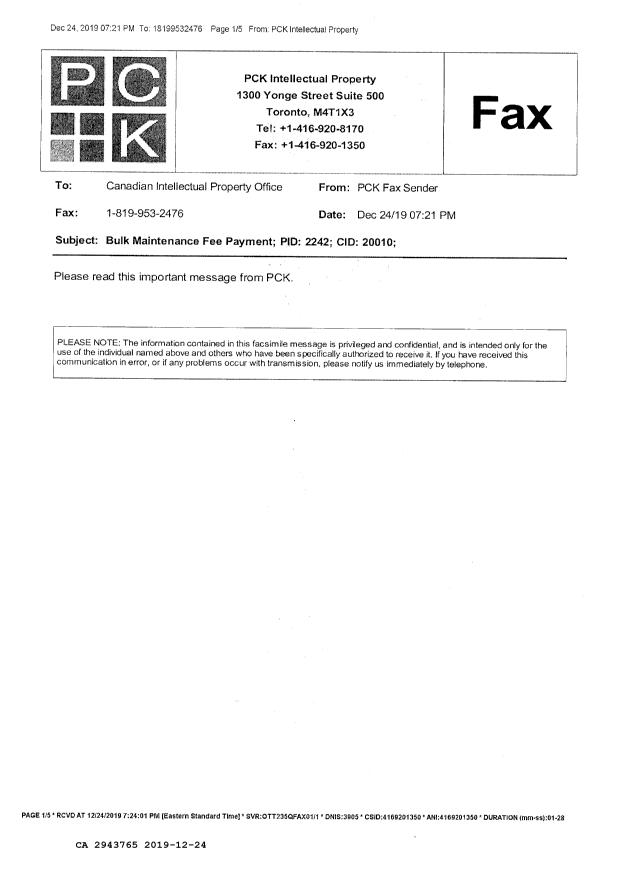Document de brevet canadien 2943765. Paiement de taxe périodique 20191224. Image 3 de 3
