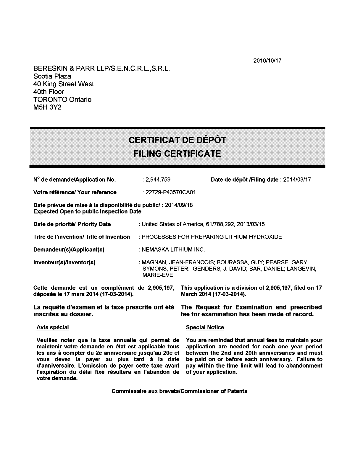Document de brevet canadien 2944759. Correspondance 20151217. Image 1 de 1