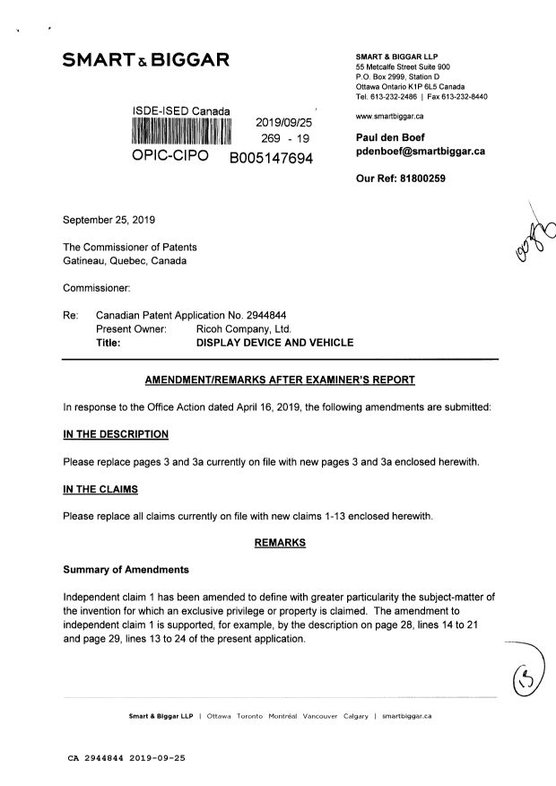 Document de brevet canadien 2944844. Modification 20190925. Image 1 de 15