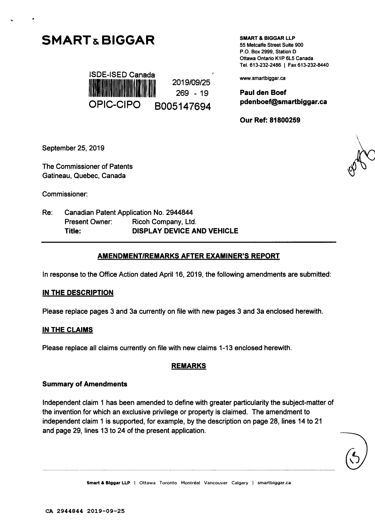 Canadian Patent Document 2944844. Amendment 20190925. Image 1 of 15