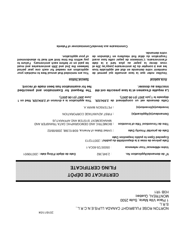 Document de brevet canadien 2945382. Complémentaire - Certificat de dépôt 20161104. Image 1 de 1