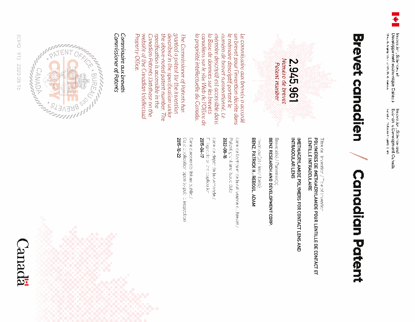 Canadian Patent Document 2945961. Electronic Grant Certificate 20220816. Image 1 of 1