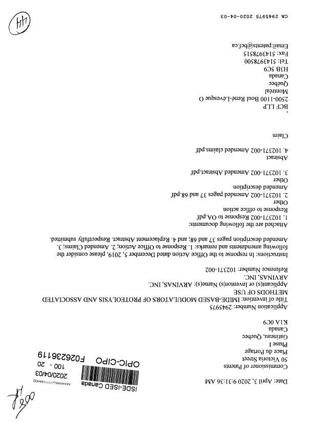 Canadian Patent Document 2945975. Amendment 20200403. Image 1 of 44