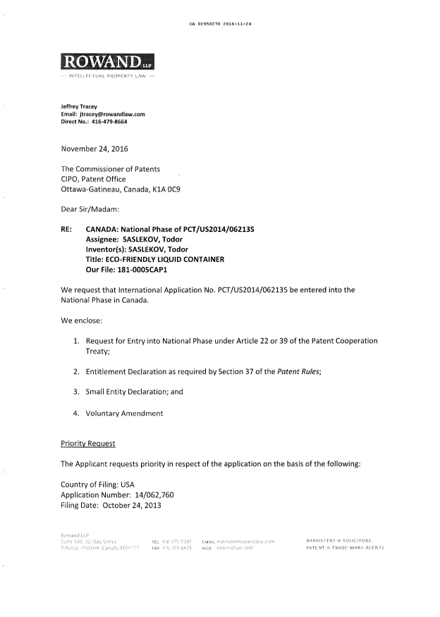 Document de brevet canadien 2950270. Demande d'entrée en phase nationale 20151224. Image 3 de 8