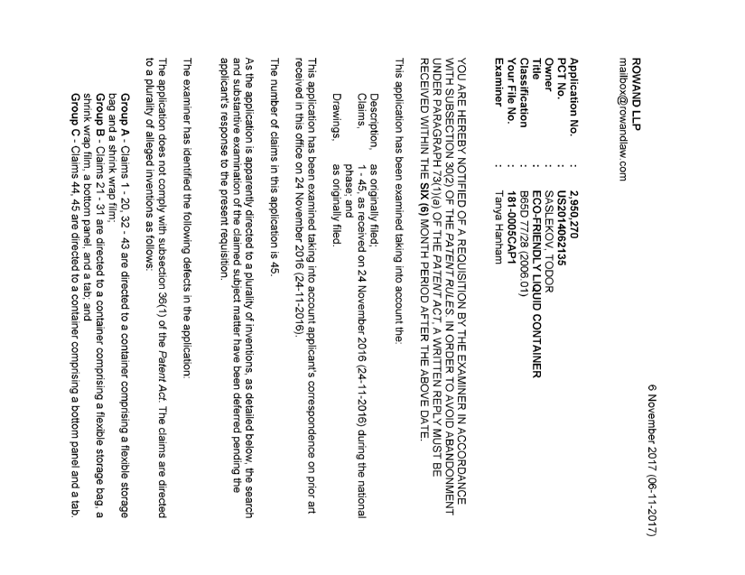 Document de brevet canadien 2950270. R30(2) Requête de l'examinateur 20161206. Image 1 de 3