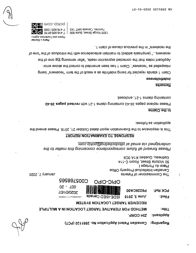 Canadian Patent Document 2951120. Amendment 20200107. Image 1 of 8