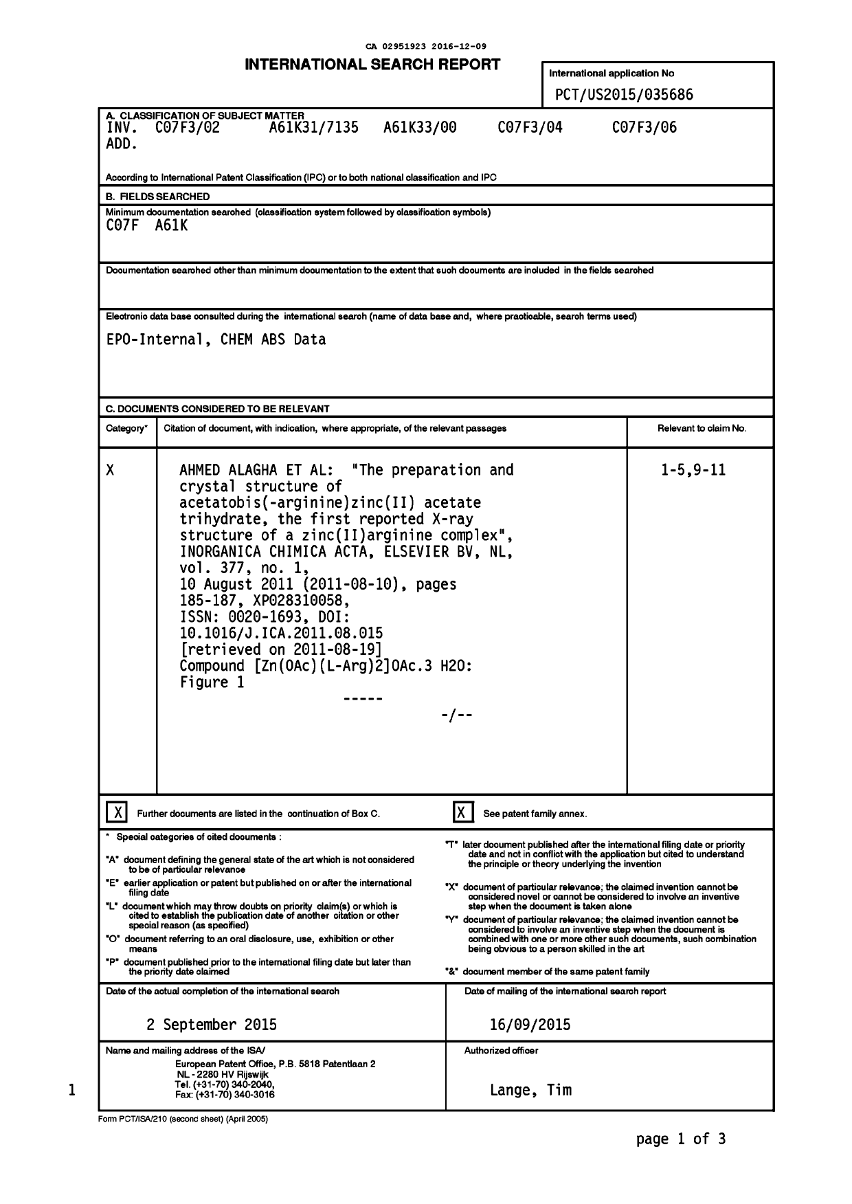 Document de brevet canadien 2951923. Rapport de recherche internationale 20161209. Image 1 de 4