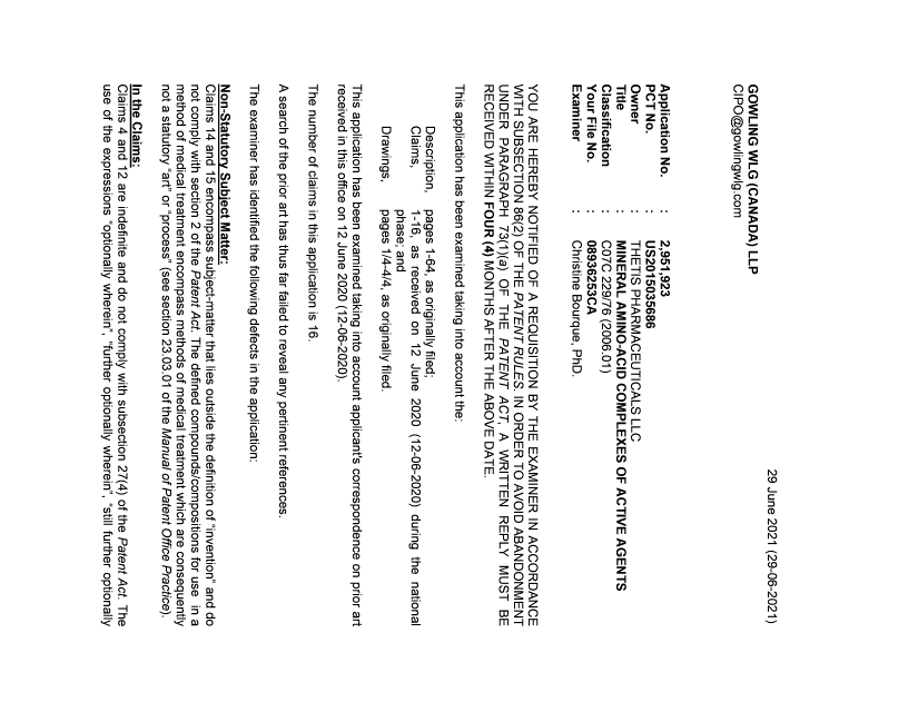 Document de brevet canadien 2951923. Demande d'examen 20210629. Image 1 de 4