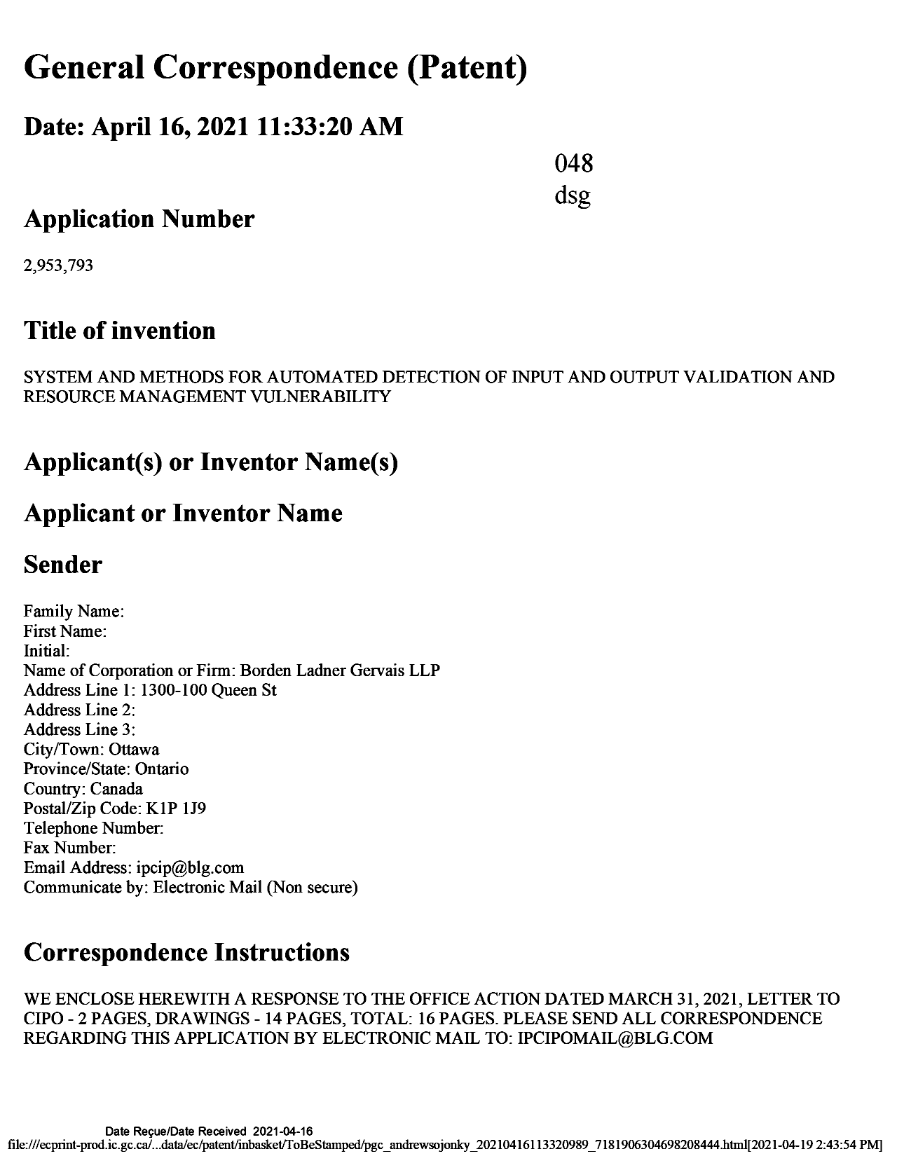 Document de brevet canadien 2953793. Modification 20210416. Image 1 de 19