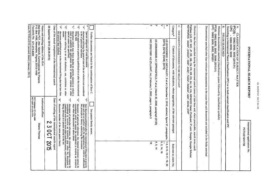 Document de brevet canadien 2954710. Rapport de recherche internationale 20170109. Image 1 de 1