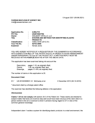 Document de brevet canadien 2954710. Demande d'examen 20210805. Image 1 de 4