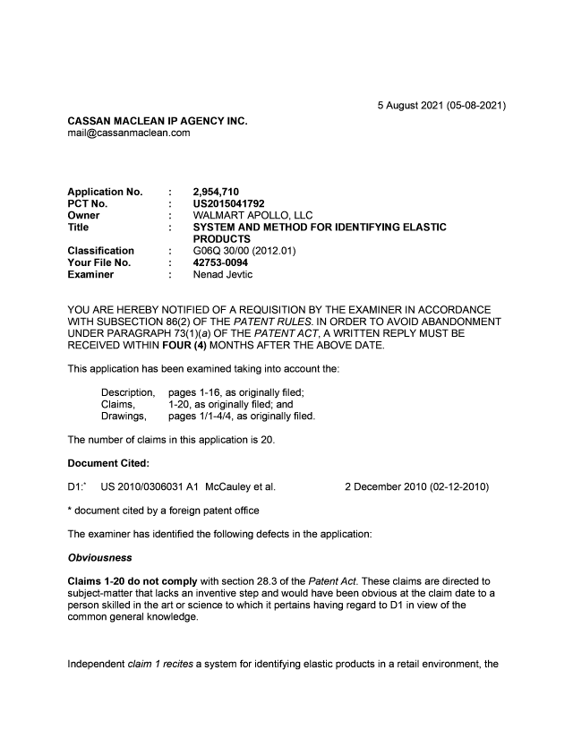 Canadian Patent Document 2954710. Examiner Requisition 20210805. Image 1 of 4