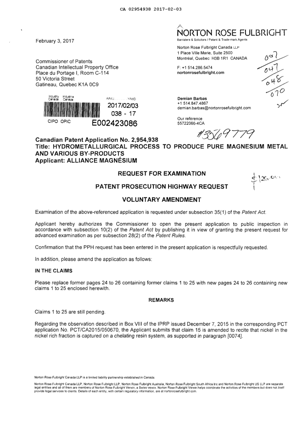 Document de brevet canadien 2954938. Poursuite-Amendment 20170203. Image 1 de 7